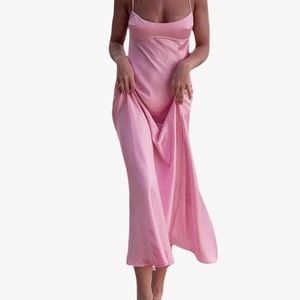 Barbie pink Women’s Sexy Maxi Dress Low Cut Strapless Long Dress